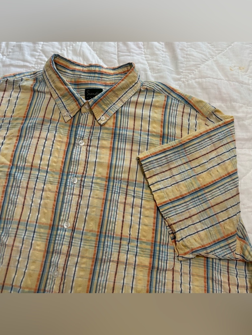 Scandia Woods Seersucker Shirt Mens 3XL Yellow  Plaid Short Sleeve Button Down
